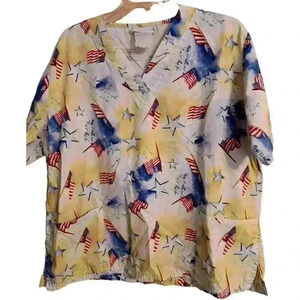 Happy Scrubs Women's Scrub Top Yellow Red White Blue USA Flag‎ Star 4th of July